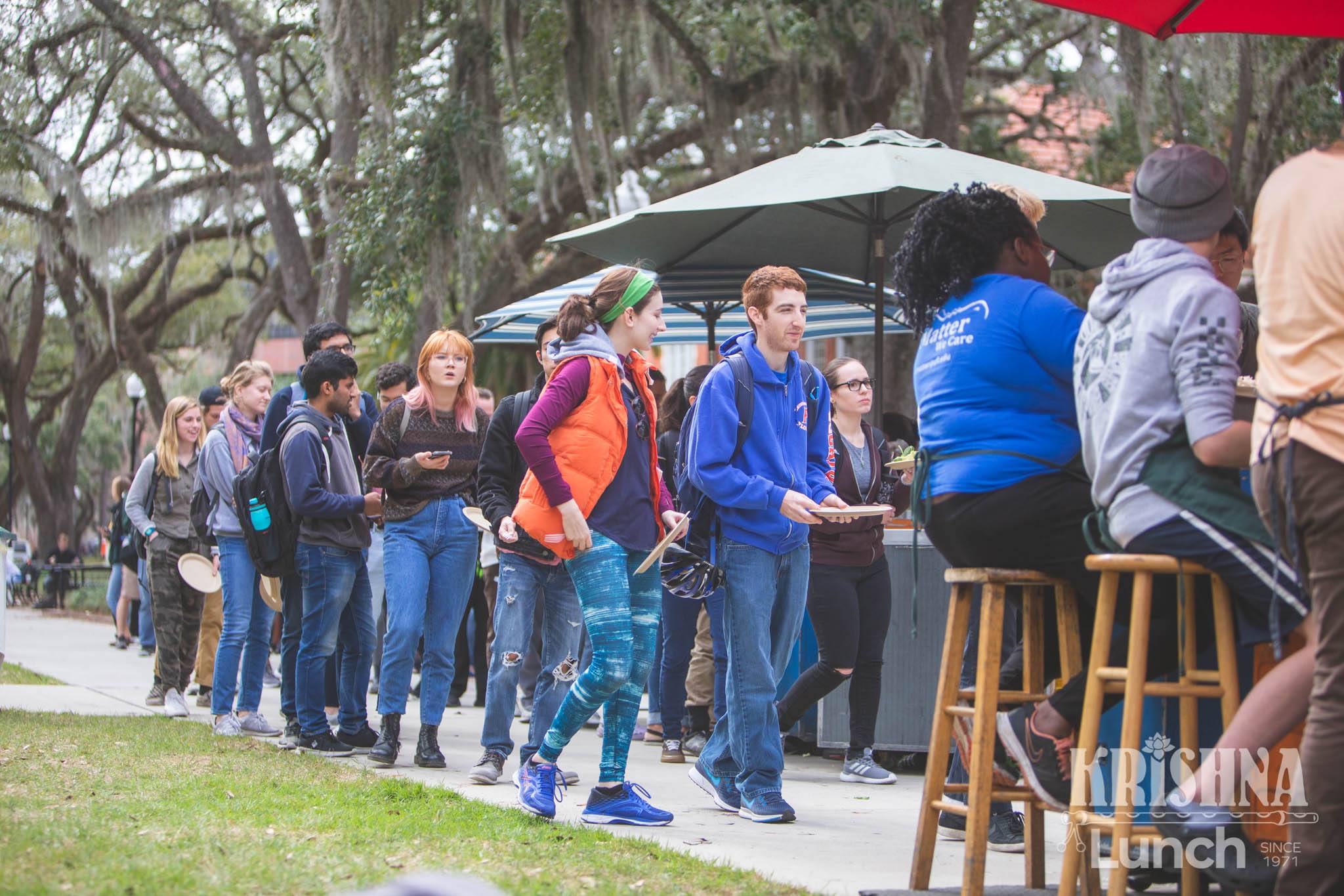 Students lining up for Krishna Lunch at the University of Florida